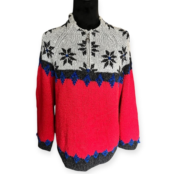 VTG Red and Gray Eagle’s Eye Sweater with Snowflake Pattern - Large Ramie Cotton - Picture 1 of 7